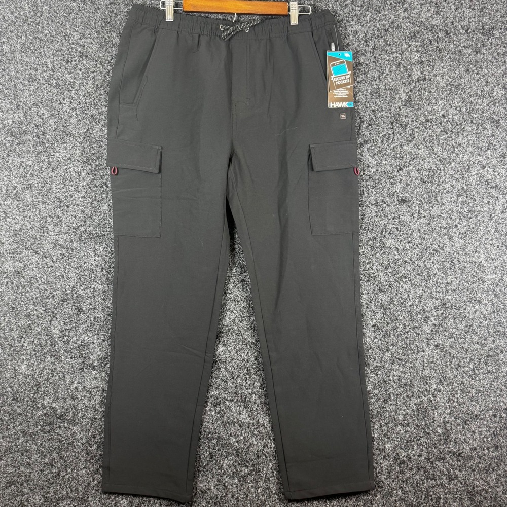Tony Hawk Mens Lg Performance Cargo Pants Black Secure Zip Pockets Pull On NWT
